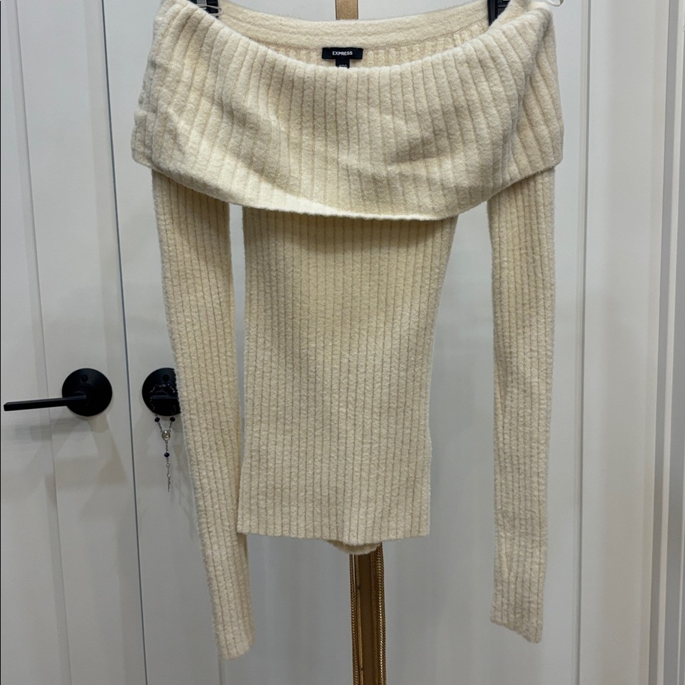 Express Off-Shoulder Ribbed Sweater in Cream